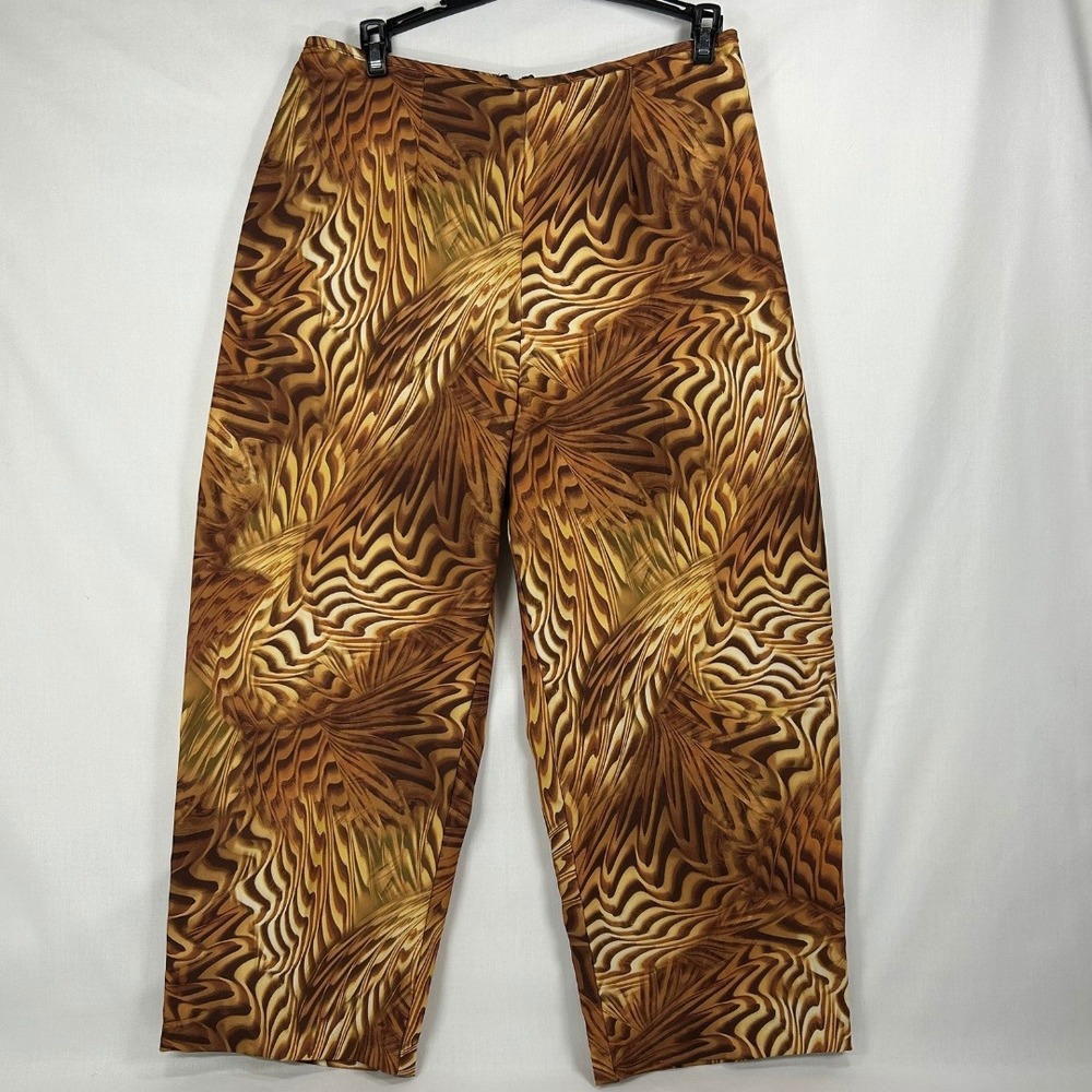 Vintage 90s Psychedelic Swirl Print Capris Brown Feather Palm Cropped Trousers